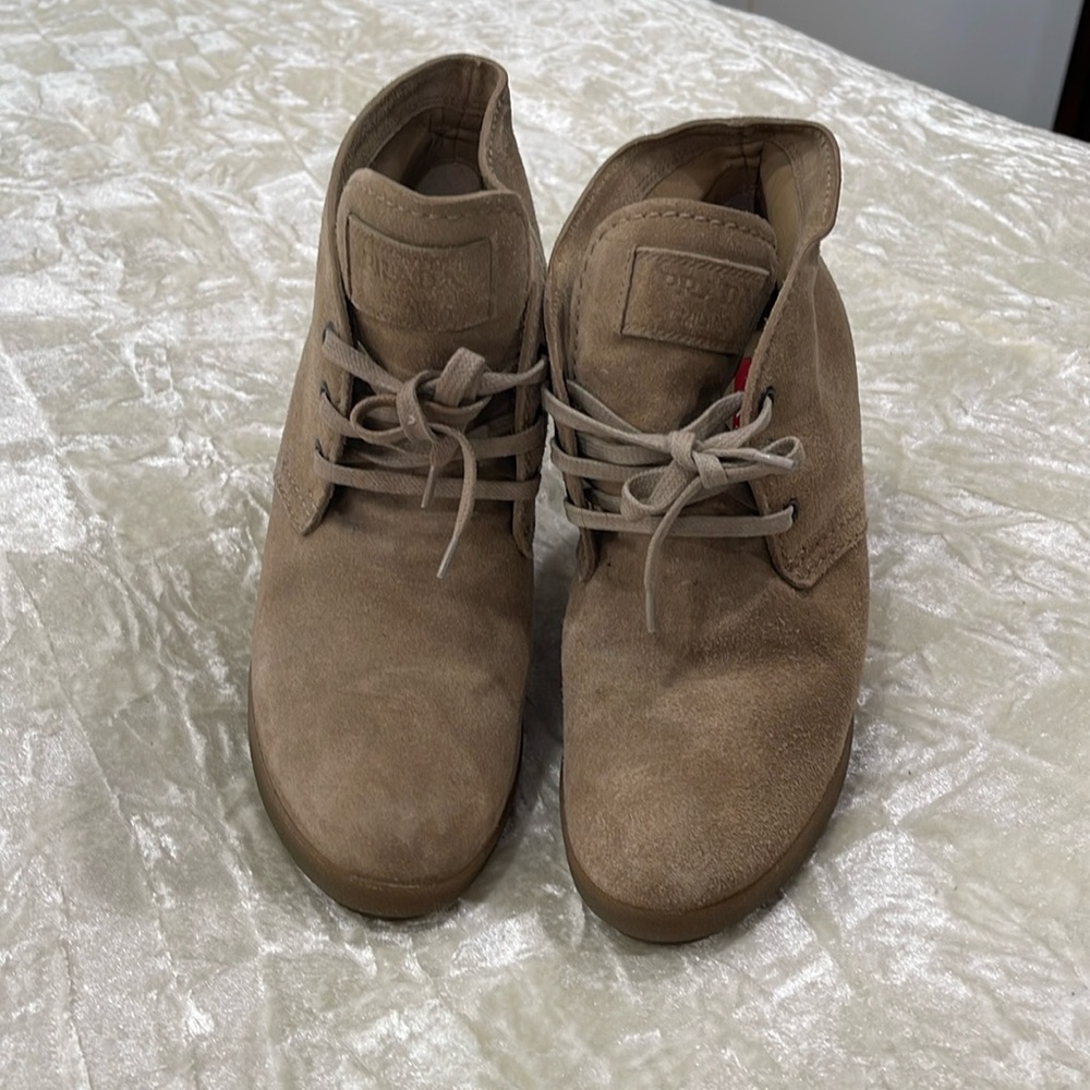 Prada bootie, color cream/tan Round toes wedge heels